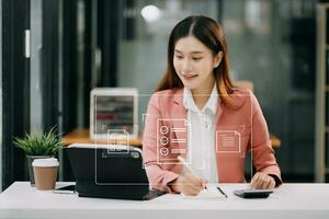 E-document management Paperless workplace, e-signing, electronic signature, document management. businesswoman signs an electronic document on a virtual notebook screen using a stylus pencil. photo