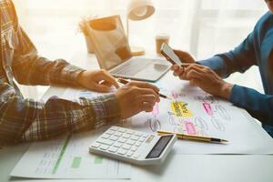 Businessmen team in conference room are introducing and consulting each other to make good business profits. concept of mentoring and consulting between investor to exchange knowledge. photo