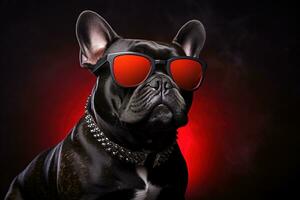 Bulldog dressed up. Bulldog dog wearing sunglasses. Ai generative photo