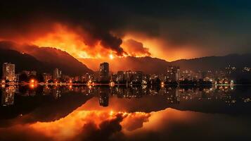 Fire near within the city. Smoke and smell pollute Generative Ai. photo