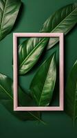 Frame with leaves. Flat lay of frame with leaf decoration. AI Generated photo