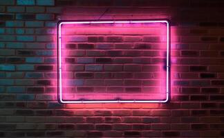 Red wall with light. Brick wall and square neon sign frame. AI Generated photo