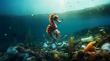 Waste In The Ocean, plastic waste for World Ocean Day. Generative Ai. photo