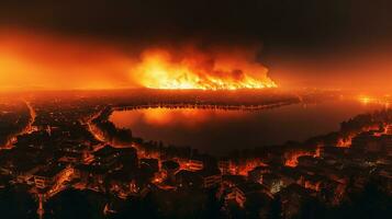 fuego cerca dentro el ciudad. fumar y oler contaminar generativo ai. foto