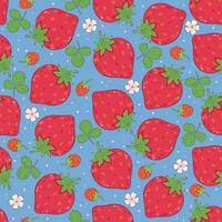 Seamless pattern with strawberries, leaves and flowers on a blue background. Vector graphics.