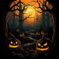 illustration on the theme of halloween, magical forest and pumpkins. gloomy background for holiday decoration, banner. generated AI photo