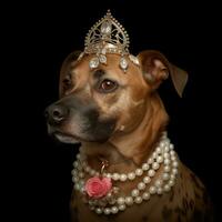 Portrait of a dog in a royal costume sitting on a sofa. AI generative photo