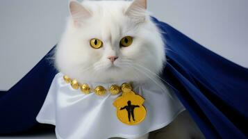 estudio retrato de un hermosa blanco gato vistiendo un amarillo bufanda en gris antecedentes. ai generativo foto