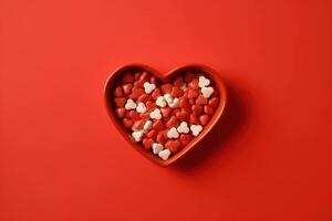 Heart shaped candies. Candy Cinnamon Hearts in Ceramic Heart. AI Generated photo