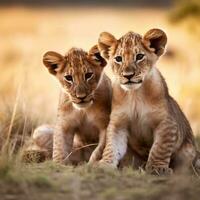 león cachorros con madre en masai mara nacional parque. ai generativo foto