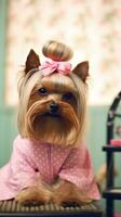 Yorkshire Terrier in pink clothes with a bow on her head. AI generative photo