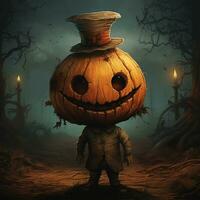 halloween cartoon style illustration, cute character with pumpkin head. generated AI photo