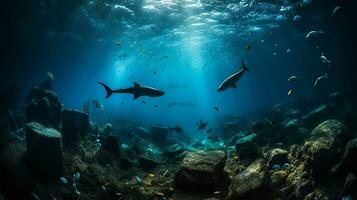 A dolphin trapped in a plastic bag in the ocean. Environmental Protection. Generative ai photo