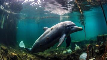 A dolphin trapped in a plastic bag in the ocean. Environmental Protection. Generative ai photo