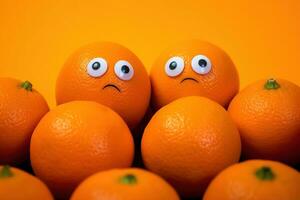 Funny oranges with eyes on orange background. Healthy food concept. AI generative photo