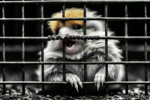 Cute little baby animals in a cage. Cruelty concept. AI generative photo