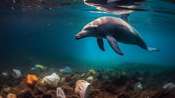 A dolphin trapped in a plastic bag in the ocean. Environmental Protection. Generative ai photo