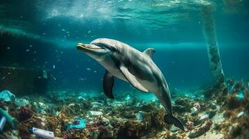 A dolphin trapped in a plastic bag in the ocean. Environmental Protection. Generative ai photo