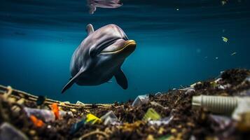 A dolphin trapped in a plastic bag in the ocean. Environmental Protection. Generative ai photo