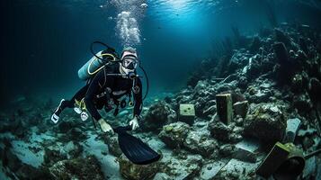 A diver cleans the ocean of plastic. Scuba diver under the sea. photo