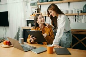 Portrait of success business people working together in office. Couple teamwork startup concept photo