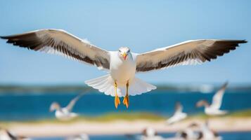 Seagull in flight Closeup of a seagull in flight AI generative photo