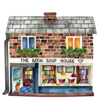 Cute fabulous brick book shop, coffee shop and house with a tiled roof on a white background with watercolor illustration isolated on a white background. Hand-drawn set of suburban European houses. png