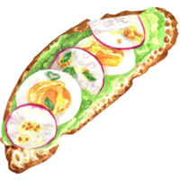 acuarela emparedados mano pintado meriendas. plano laico comida ilustración. tradicional tapas Bruschetta acuarela mano dibujado conjunto aislado en blanco antecedentes. emparedados con aguacate tomate y bayas. png