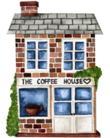 Cute fabulous brick book shop, coffee shop and house with a tiled roof on a white background with watercolor illustration isolated on a white background. Hand-drawn set of suburban European houses. png