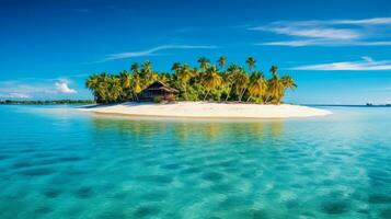 idílico tropical isla con un palma árbol choza foto