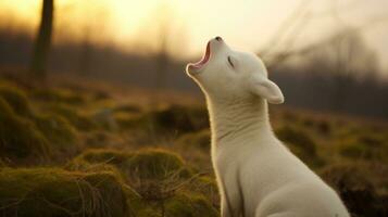 Sheep in the field. young lamb calling out as it singing. AI generative photo