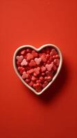 Heart shaped candies. Candy Cinnamon Hearts in Ceramic Heart. AI Generated photo