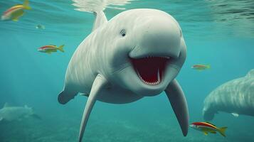 Cute white whale swimming in the deep blue sea. AI generative photo