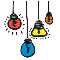 Hand drawn light bulb icons with concept of idea. Doodle style. Vector illustration.