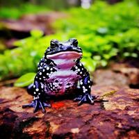 Colorful poison dart frog on a rock with red flowers in the background. AI generative photo