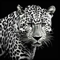 Portrait of a leopard on a black background. Black and white. AI generative photo