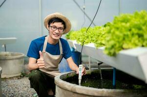 Researcher are checking with ph strips in hydroponic farm and pH level scale graphic, science laboratory greenhouse concept. at farm photo