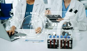 Scientist two woman with tablet and laptop, laboratory and ecofriendly science. Agriculture, research and scientists with online reading, test samples for global warming, analytics and tech. photo