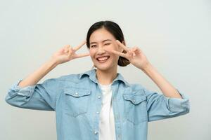 ortrait asian beautiful girl shy smile blank space isolated background. Happy woman on vacation. young female smiling success, billboard, introduction, advertisement, attractive, expression, positive photo