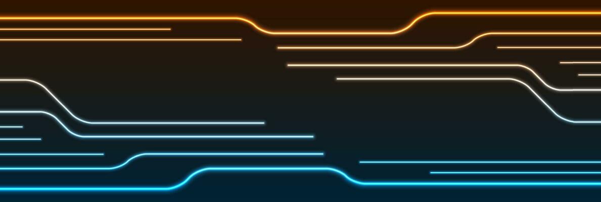 Glowing blue orange neon circuit board lines background