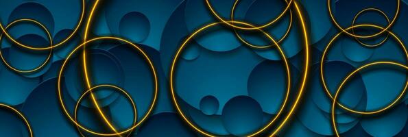 Dark blue geometric circles with glowing neon rings abstract banner vector