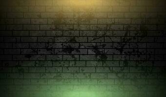 Grunge brick wall with orange green neon illumination abstract background vector