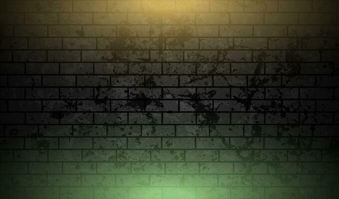 Grunge brick wall with orange green neon illumination abstract background