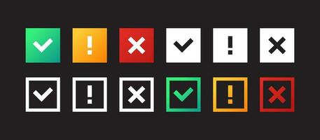 Checkmark icons. Check mark, exclamation point, X mark icons. Vector scalable graphics