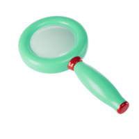 3d green magnifying glass icon isolated transparent png. Render minimal loupe search icon for finding, reading, research, analysis information. Cartoon realistic png