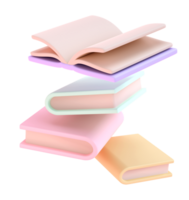 3D Stack of Books falling down in air and one open book Icon. isolated transparent png. Render Educational Literature. Reading Education back to school concept png