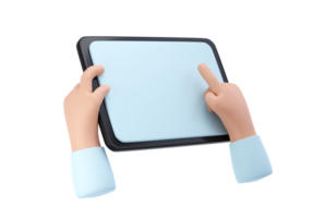 3d mains en utilisant tablette maquette icône. dessin animé main en portant tablette isolé transparent png