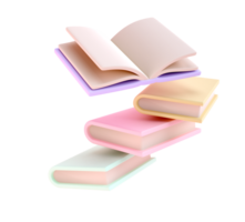 3D Stack of Books falling down in air and one open book Icon. isolated transparent png. Render Educational Literature. Reading Education back to school concept png