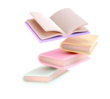 3d Stapel von Bücher fallen Nieder im Luft und einer öffnen Buch Symbol. isoliert transparent png. machen lehrreich Literatur. lesen Bildung zurück zu Schule Konzept png