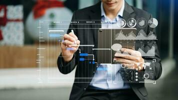 gerente de proyecto de mano de hombre de negocios trabajando y actualizando tareas y diagrama de diagrama virtual de programación de diagrama de Gantt con teléfono inteligente, tableta y computadora portátil foto